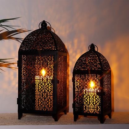 2 Black Metal Hanging Candle Lanterns