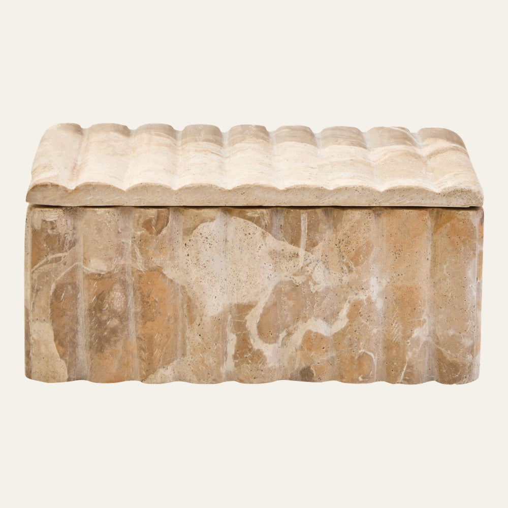 Selene Rectangular Marble Box rectangular beige-tan marble box with scalloped ridged lid and fluted sides, natural veined finish