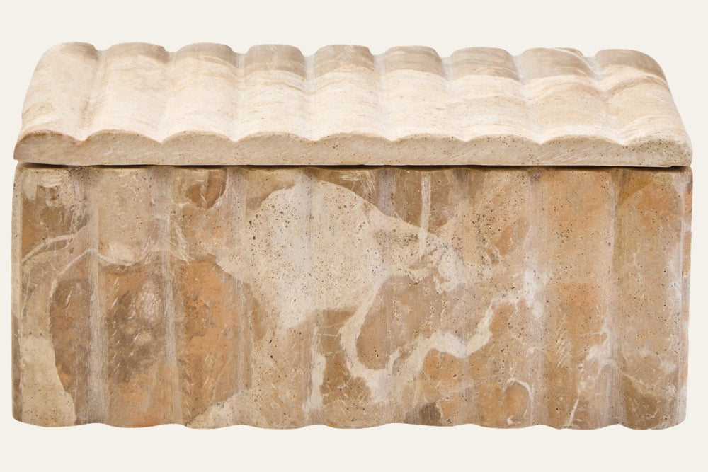 Selene Rectangular Marble Box — rectangular beige and tan marble box with scalloped wavy lid, vertical fluted sides and natural veining