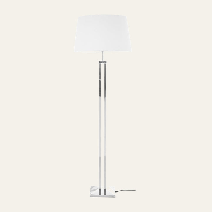 Selva Dual Rod Floor Lamp with chrome dual-rod column, square chrome base, and white fabric tapered drum shade