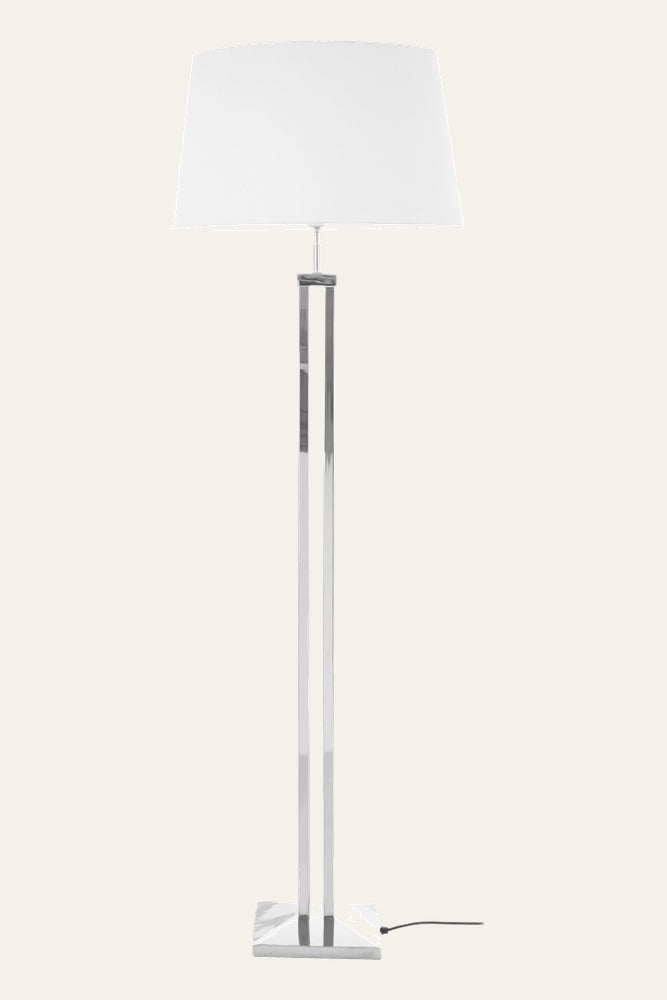 Selva Dual Rod Floor Lamp with white tapered drum shade, dual polished chrome rods and matching square chrome base with visible black power cord