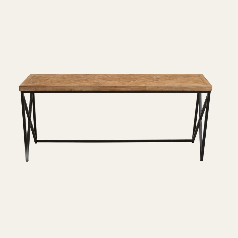 Sivea Parquet Wood Coffee Table with rectangular parquet-pattern wood top and black metal X-frame legs