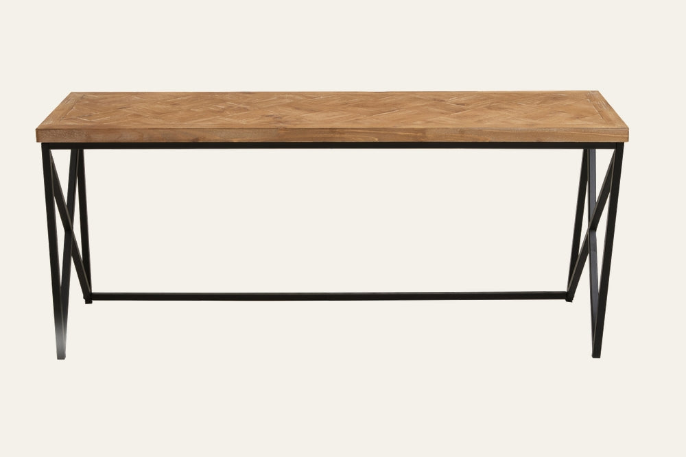 Sivea Parquet Wood Coffee Table with rectangular parquet wood top in natural oak finish and black metal X‑brace legs