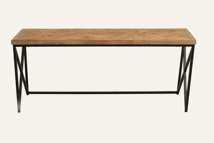 Sivea Parquet Wood Coffee Table with rectangular parquet wood top in natural oak finish and black metal X‑brace legs