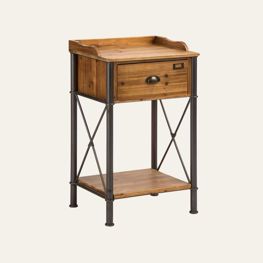 Soren Drawer Storage Side Table with warm stained wood top and single wood drawer, raised tray-style back edge, dark metal tubular legs with X-brace, lower wood shelf, and dark metal cup pull plus small label holder
