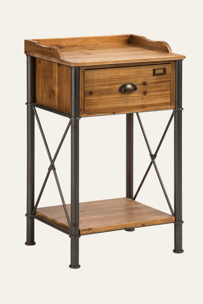 Soren Drawer Storage Side Table with warm natural wood tray-style top, single front drawer with dark metal cup pull and label holder, lower wood shelf and dark metal tubular legs with X-brace detailing