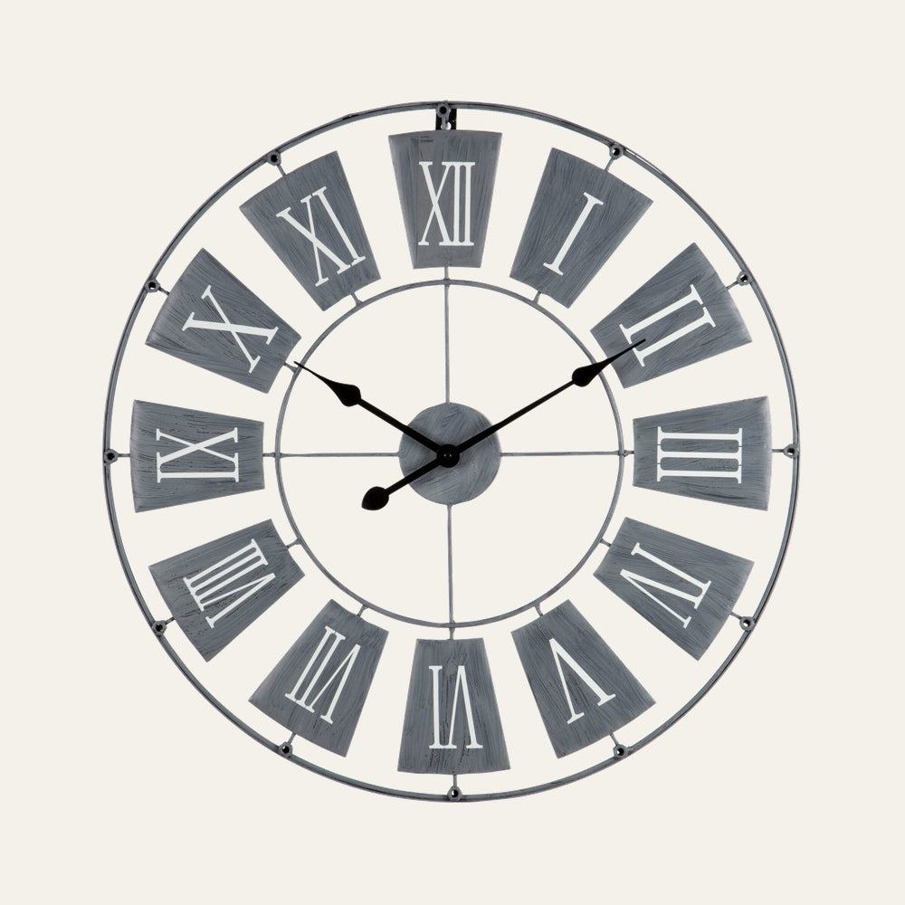 Torin Metal Small Wall Clock with round open metal frame, gray brushed metal numeral panels, white Roman numerals and black hour and minute hands