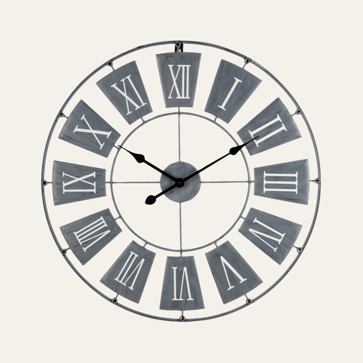 Torin Metal Small Wall Clock with round open metal frame, gray brushed metal numeral panels, white Roman numerals and black hour and minute hands