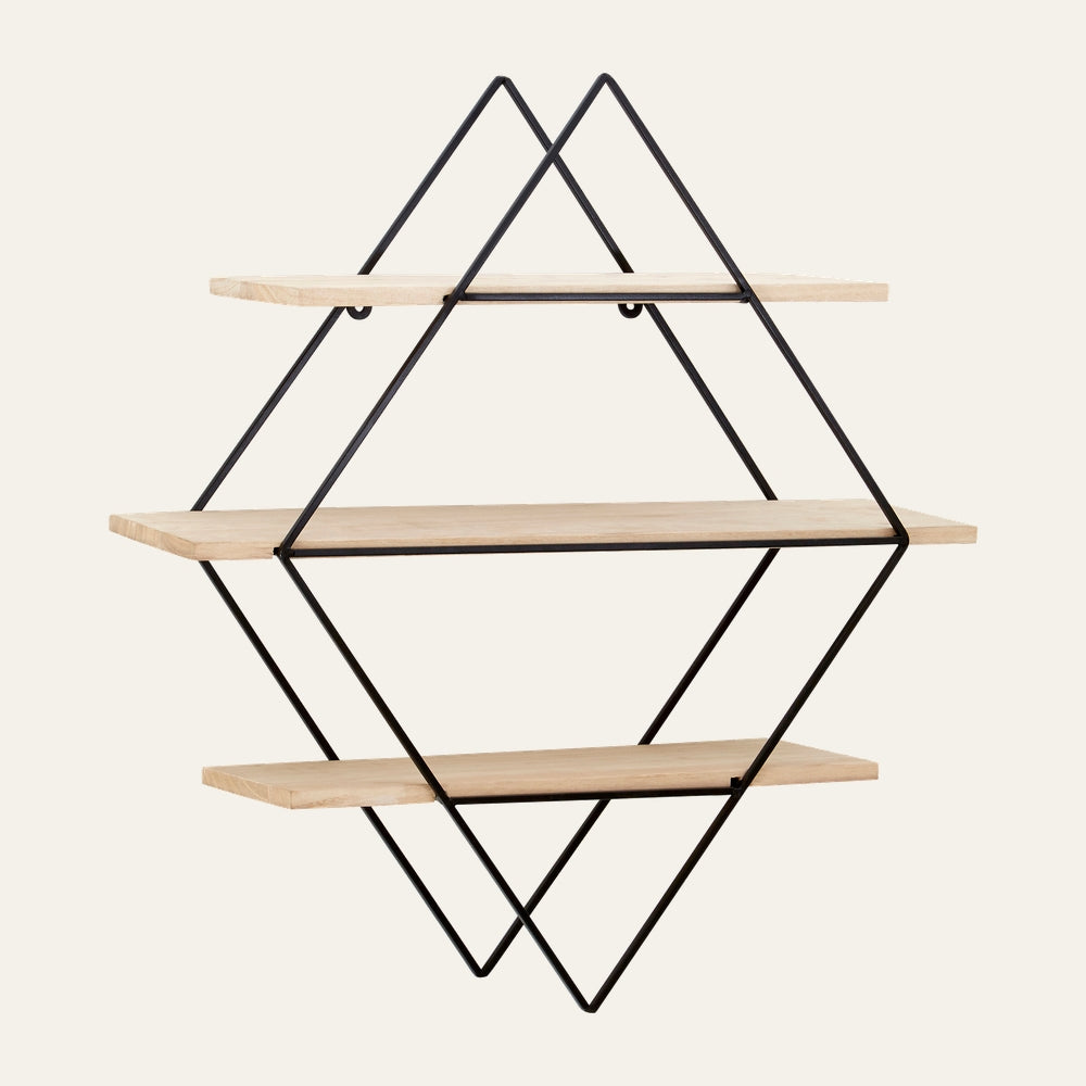 Valen Rhombus Wall Shelf with three light wood shelves suspended in a black metal rhombus-shaped frame