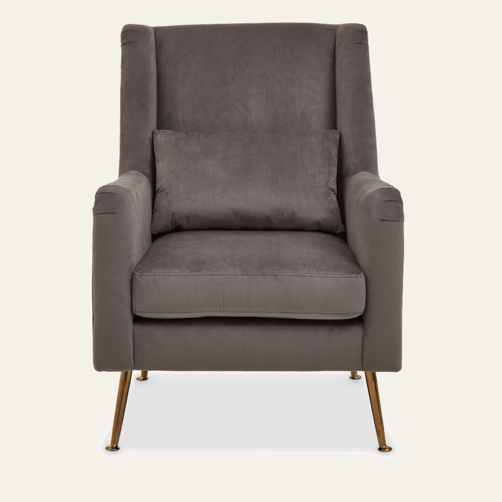 Varela Velvet Chair — gray velvet high-back armchair with matching lumbar pillow and tapered gold metal legs