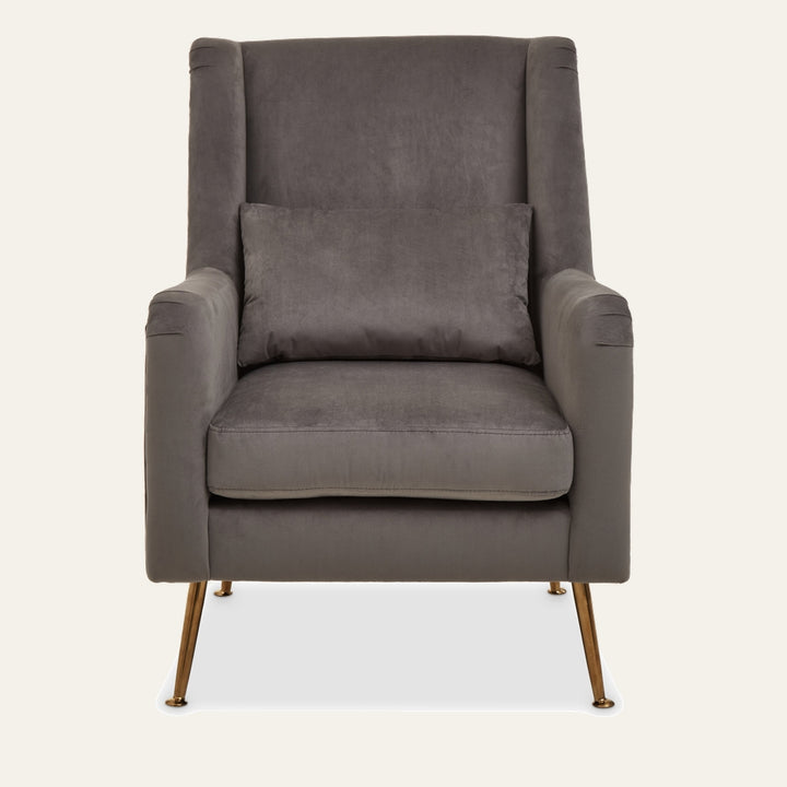 Varela Velvet Chair — gray velvet high-back armchair with matching lumbar pillow and tapered gold metal legs