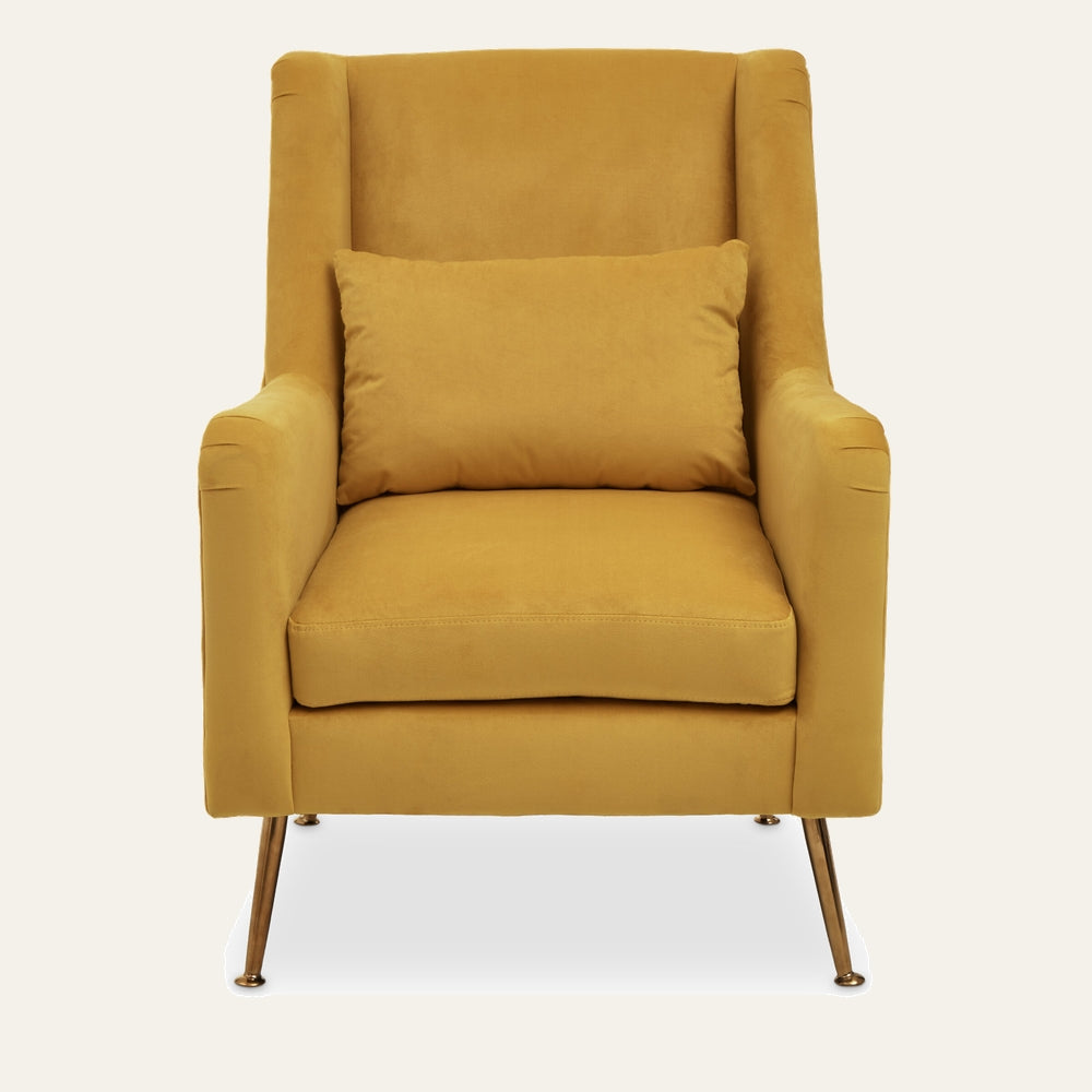 Varela Velvet Chair in mustard yellow velvet with high back, matching lumbar pillow, straight arms and slim brass-finish metal legs