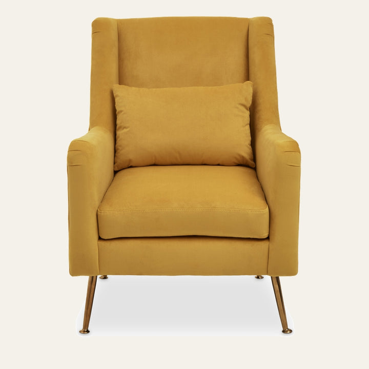 Varela Velvet Chair in mustard yellow velvet with high back, matching lumbar pillow, straight arms and slim brass-finish metal legs