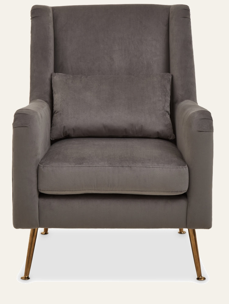 Varela Velvet Chair — gray velvet high-back armchair with straight arms, rectangular lumbar pillow, plush seat cushion, and slim gold metal tapered legs.