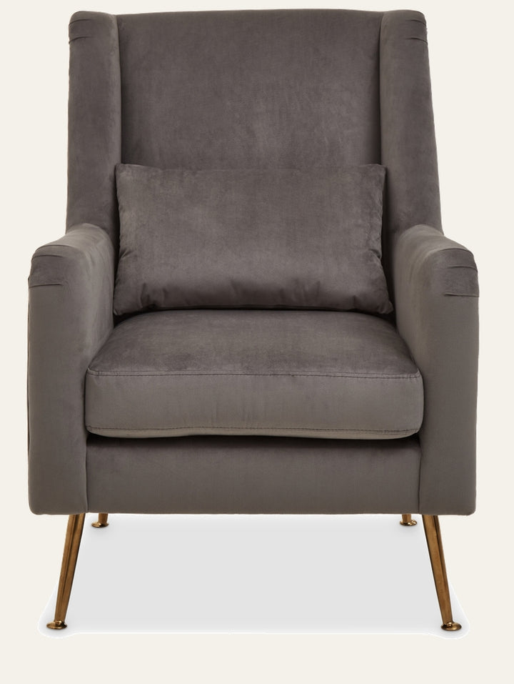 Varela Velvet Chair — gray velvet high-back armchair with straight arms, rectangular lumbar pillow, plush seat cushion, and slim gold metal tapered legs.