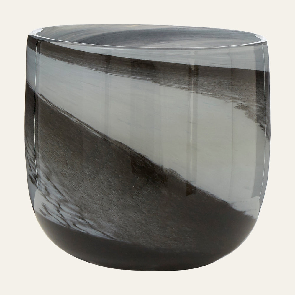 Varen Grey & Black Planter, rounded planter with diagonal grey and black marbled pattern and glossy reflective finish