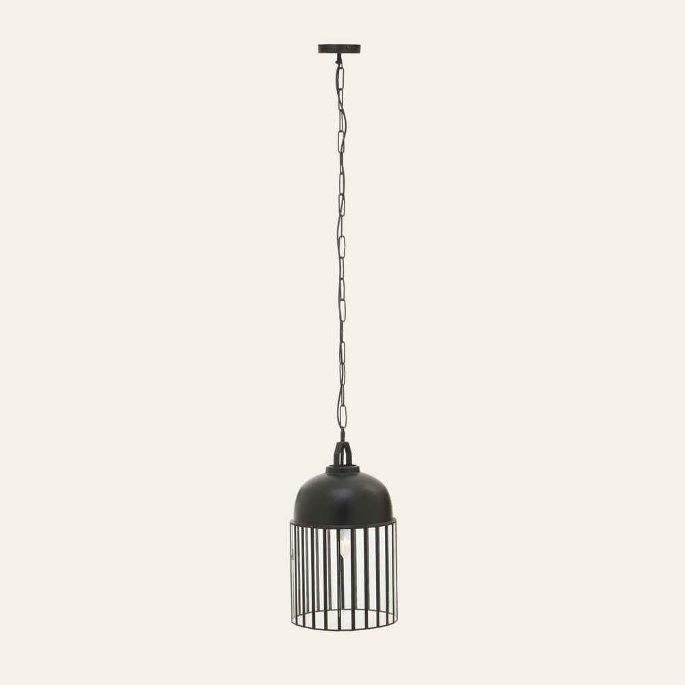 Velena Antique Pendant Light — black metal dome with vertical cage bars and exposed bulb, suspended from a matching chain