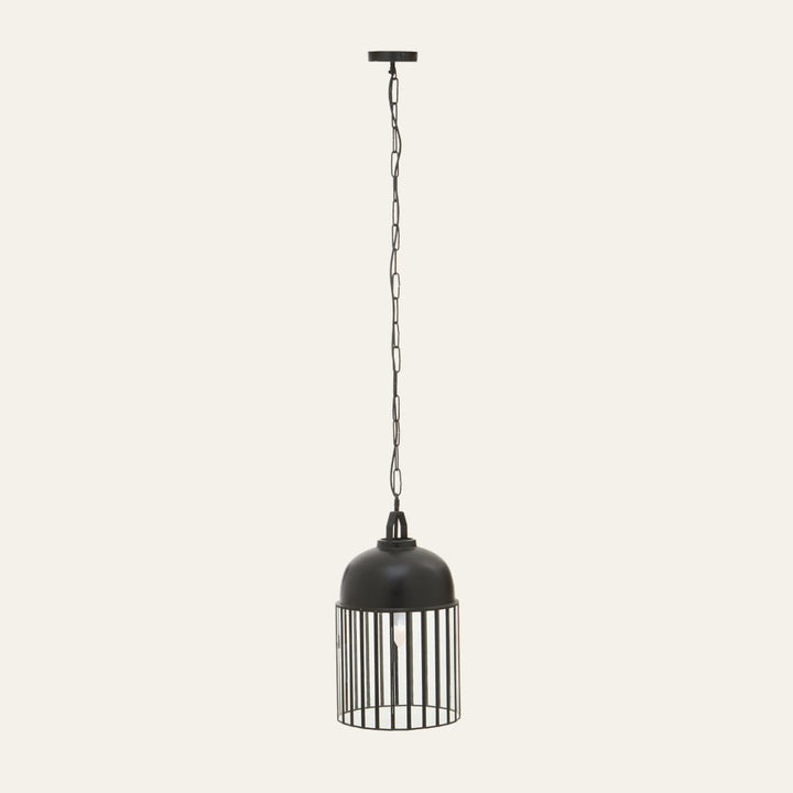 Velena Antique Pendant Light — black metal dome with vertical cage bars and exposed bulb, suspended from a matching chain