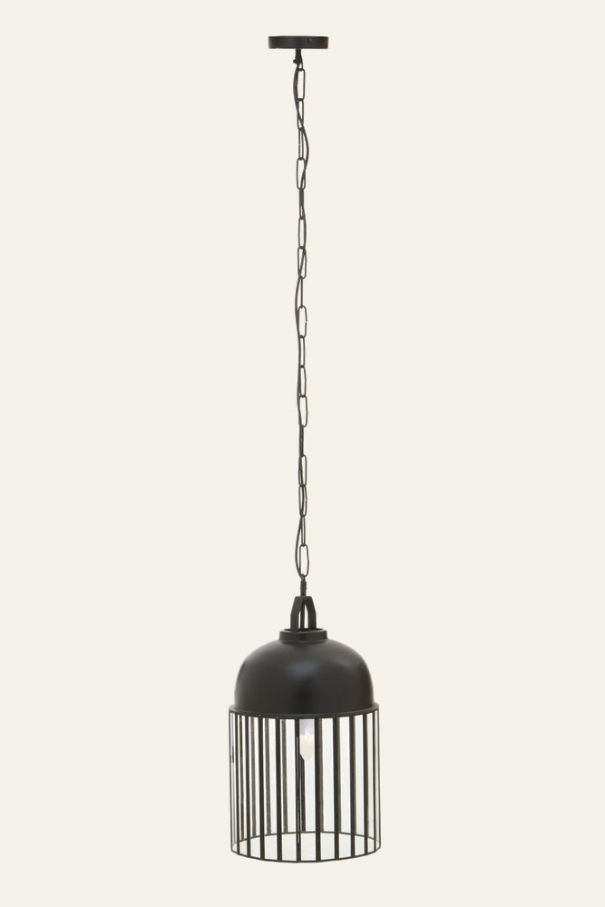 Velena Antique Pendant Light — black metal dome with vertical open metal cage, hanging chain canopy and exposed bulb inside