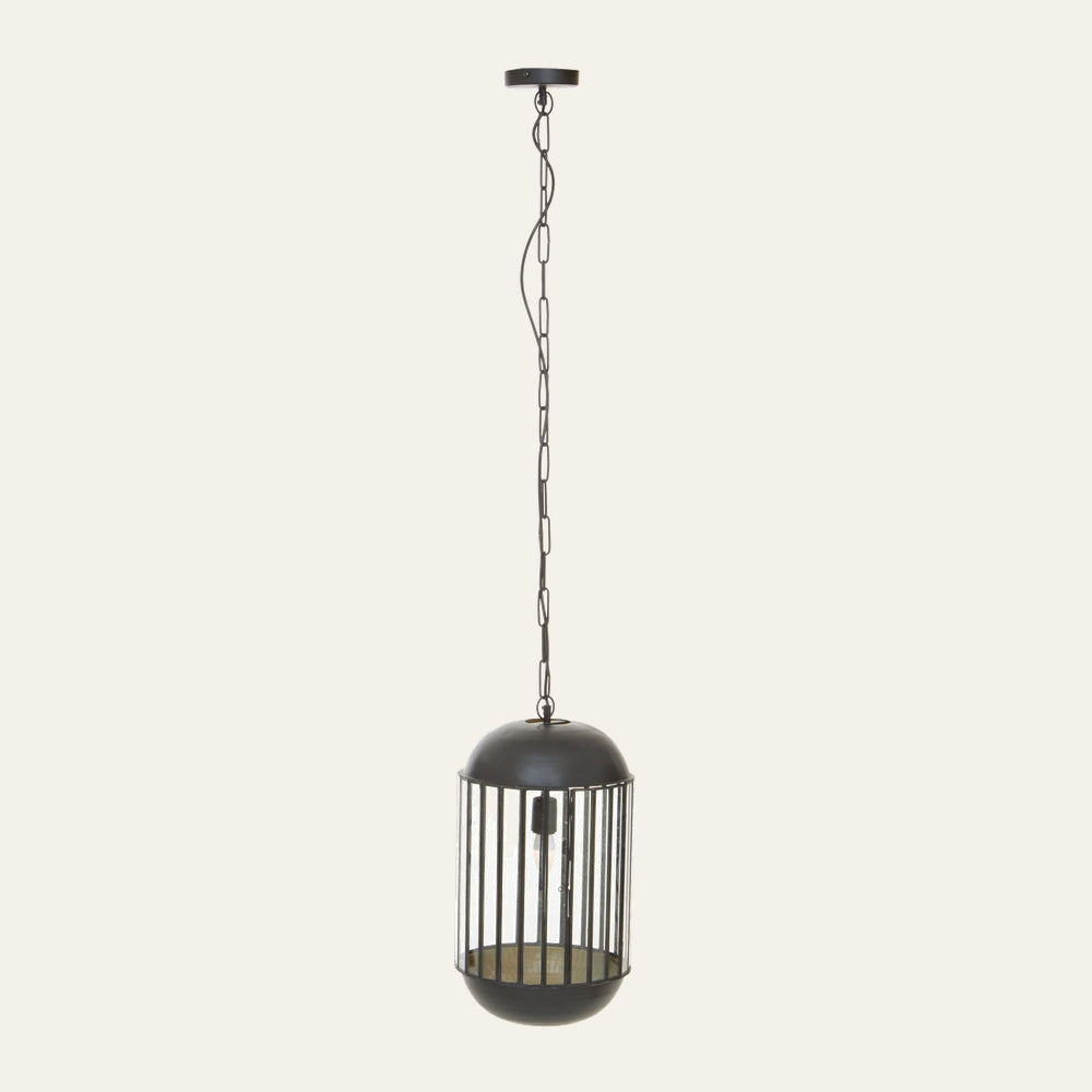 Velena Glass Pendant Light, black metal cage with vertical bars and domed top and bottom, clear glass shade with exposed bulb, suspended from a chain