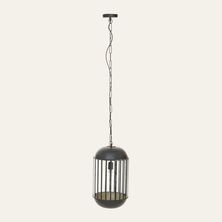 Velena Glass Pendant Light, black metal cage with vertical bars and domed top and bottom, clear glass shade with exposed bulb, suspended from a chain