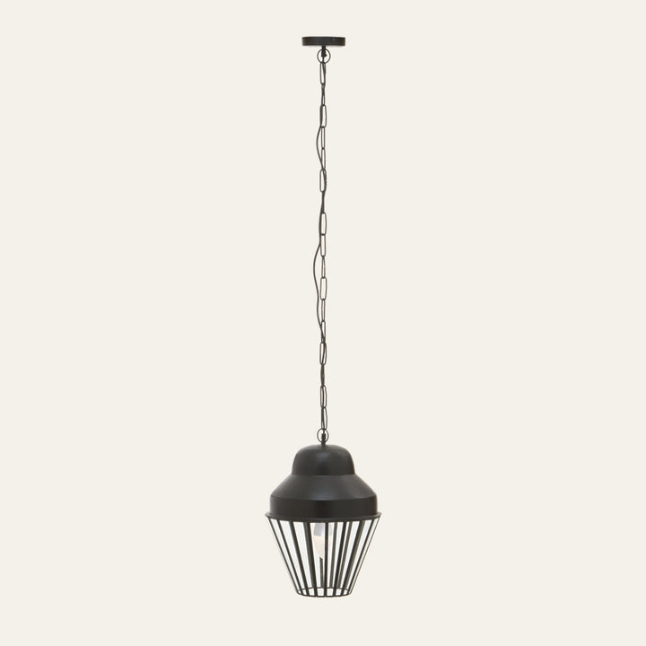 Velena One Bulb Pendant Light with black metal dome and tapered wire cage shade, suspended by a linked chain with a single exposed bulb