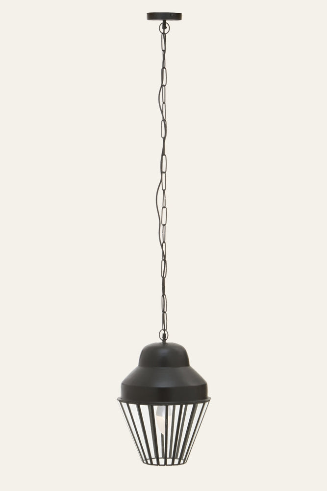 Velena One Bulb Pendant Light — matte black metal dome with open wire cage cone and exposed bulb, suspended from matching chain