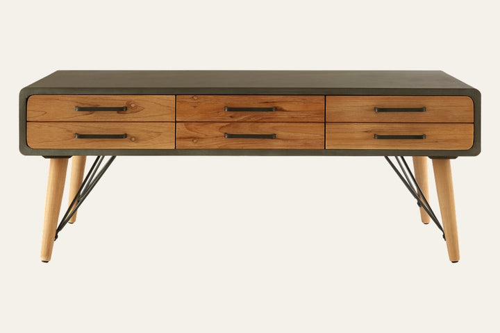 Velin Six Drawer Coffee Table with dark gray rectangular top and rounded edges, six natural wood drawer fronts with black metal handles, tapered light wood legs and black metal hairpin supports