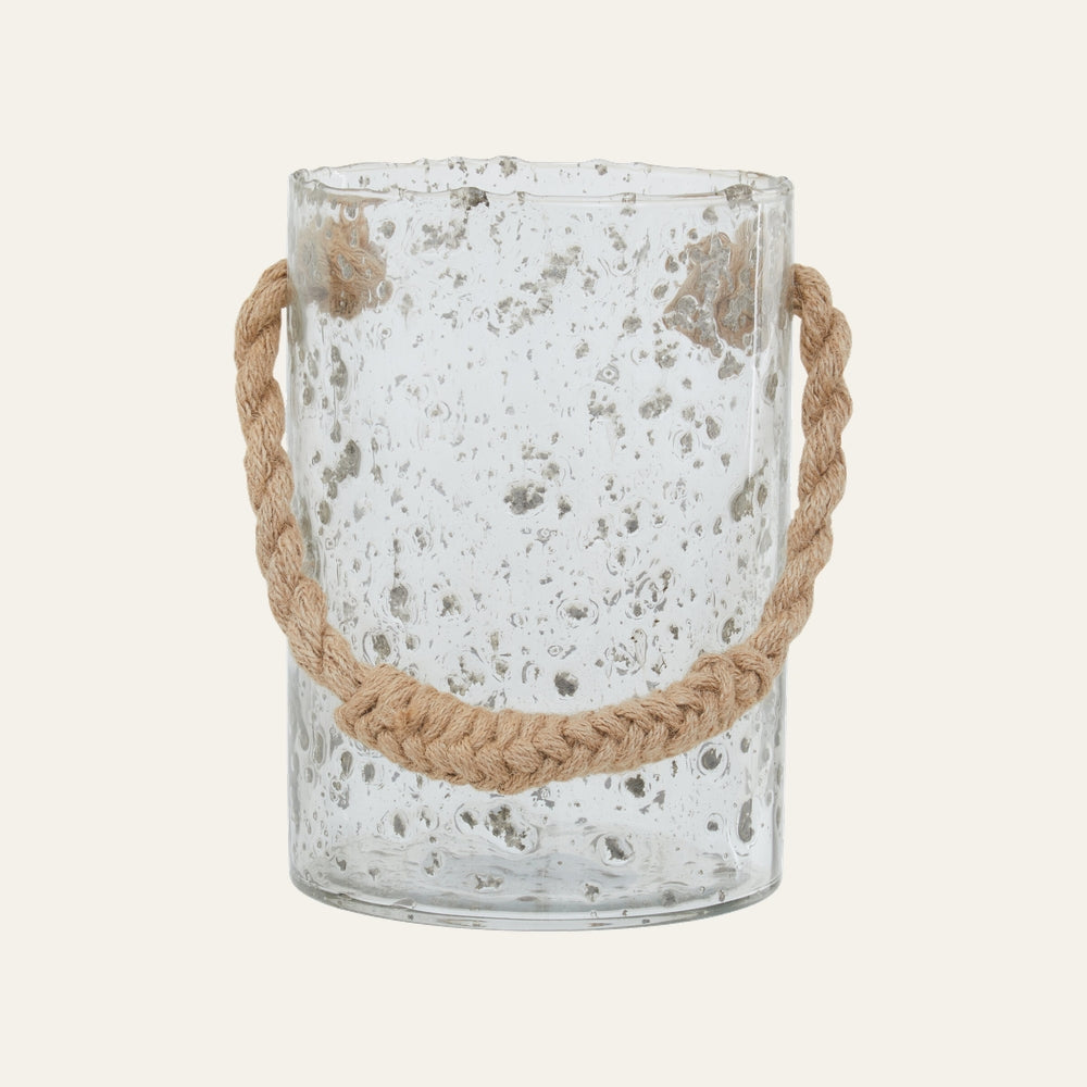 Velora Rope Lantern clear bubbled glass cylinder with braided natural rope handle