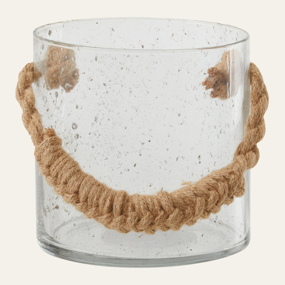 Velora Rope Lantern: clear seeded cylindrical glass lantern with thick braided natural rope handle attached through holes