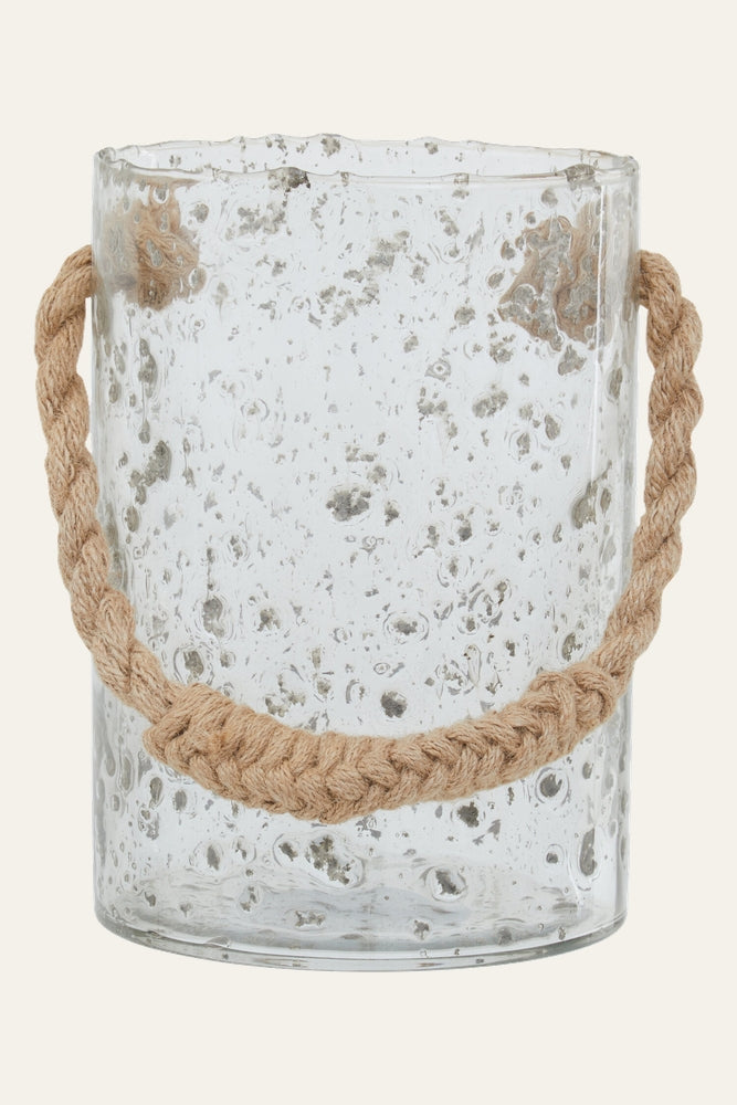 Velora Rope Lantern — clear textured bubbled glass cylinder with silver-speckled finish and braided natural jute rope handle.