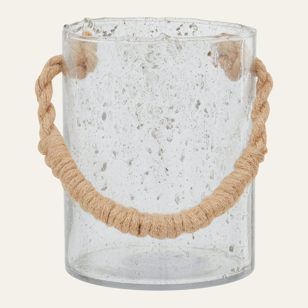 Velora Rope Medium Lantern — clear seeded glass cylinder with natural twisted rope handle wrapped at center