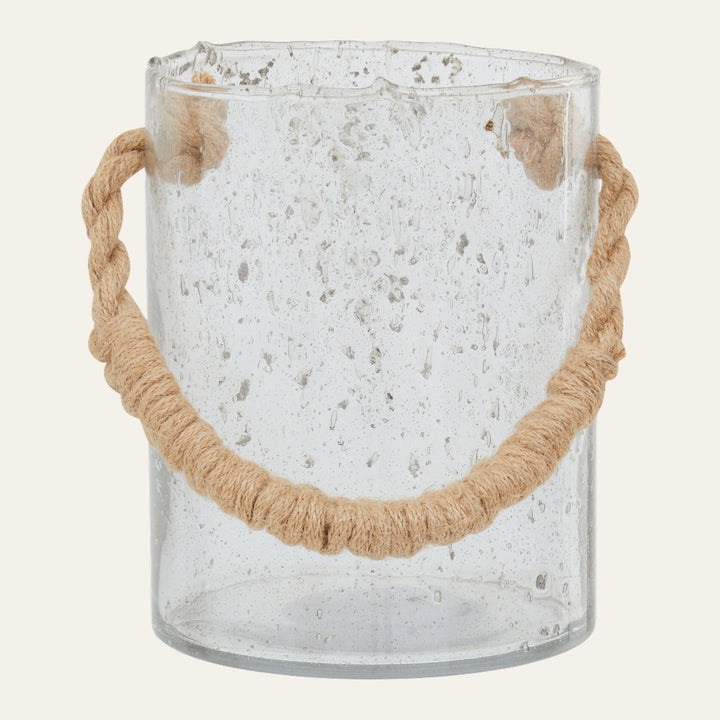 Velora Rope Medium Lantern — clear seeded glass cylinder with natural twisted rope handle wrapped at center