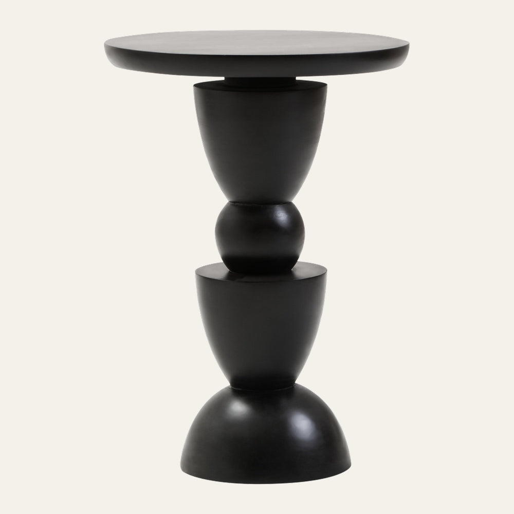 Wesric Round Column Side Table with sculptural stacked-column profile in matte black, round top, bulbous midsection, and hemispherical base.