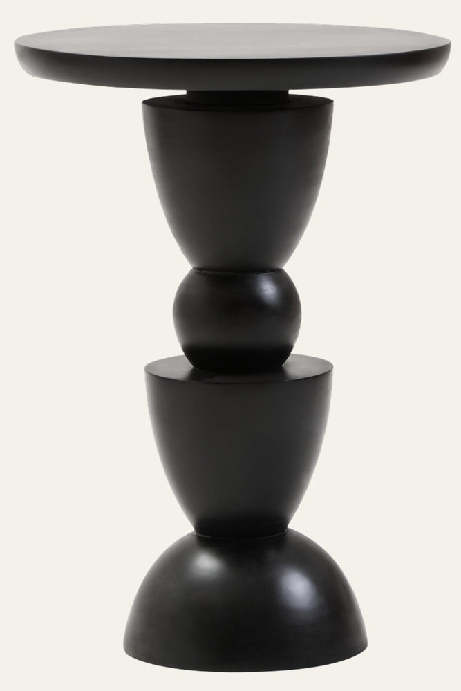 Wesric Round Column Side Table with round top and stacked sculptural column base of half-sphere, tapered segments and central sphere in matte black finish