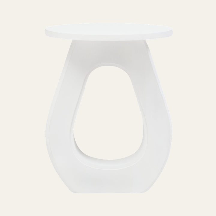 Wesric Wood Accent Table with round white top and sculptural hollow teardrop wood base in matte white finish.