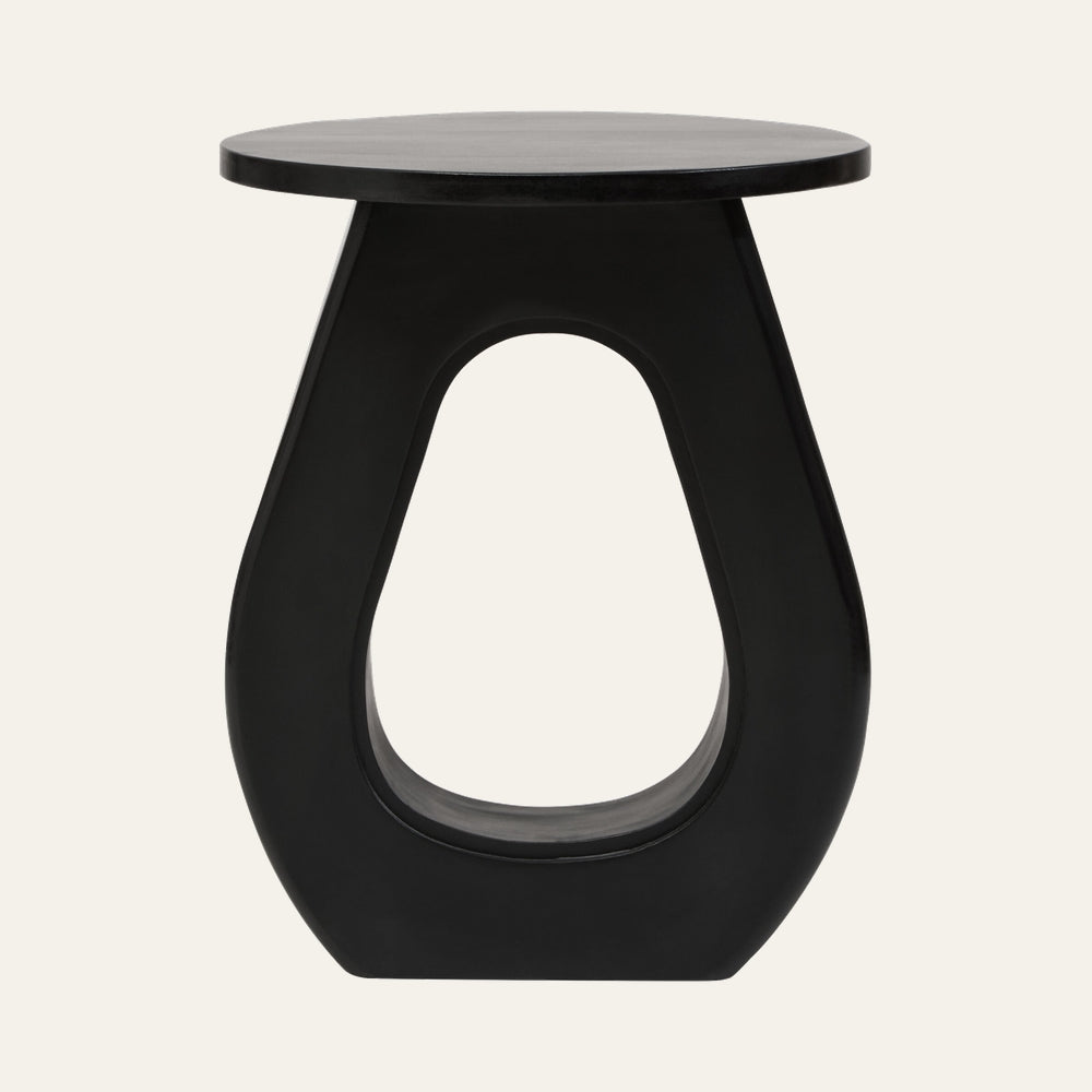 Wesric Wood Top Table with round wood top and sculptural hollow teardrop base in matte black finish