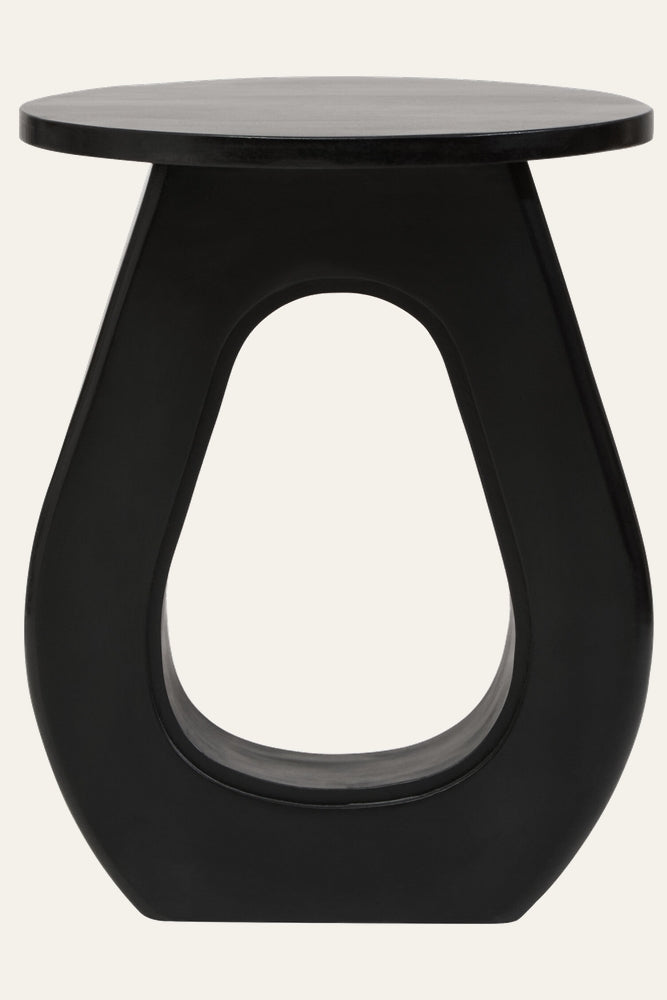 Wesric Wood Top Table with round wood top and sculptural hollow teardrop-shaped base in matte black finish