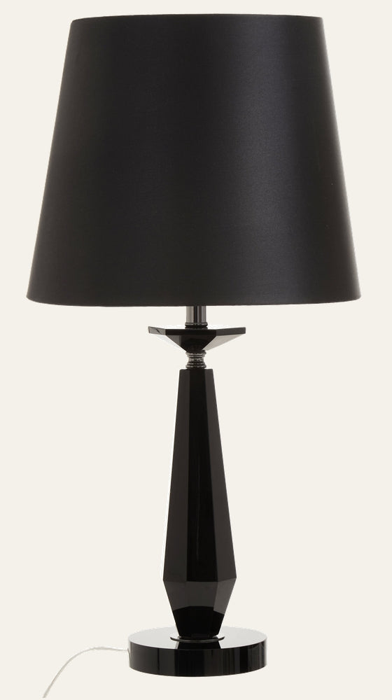 Wrenor Crystal Glass Table Lamp with glossy black faceted crystal glass tapered base, chrome neck detail and round pedestal, topped by a black fabric shade