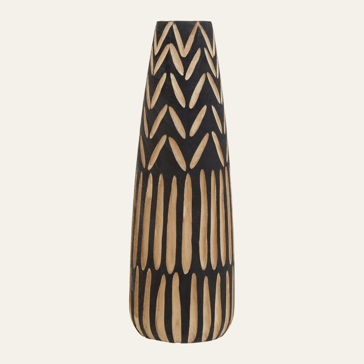 Yorven Engraved Wood Vase — tall tapered wood vase with black-painted finish and natural wood engraved chevron and elongated-oval pattern