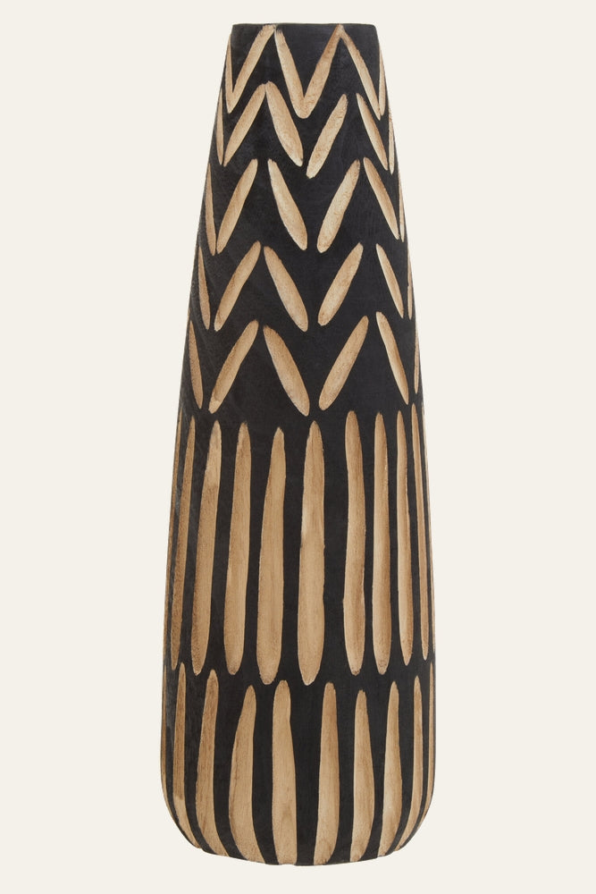 Yorven Engraved Wood Vase — tall tapered wooden vase with black finish and carved natural wood chevron and elongated oval pattern