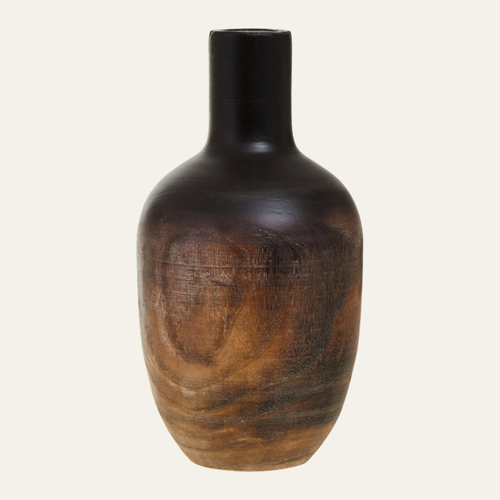 Yorven Ombre Wood Vase, rounded bottle silhouette with narrow cylindrical neck, dark ombre finish transitioning to warm natural wood grain with visible texture