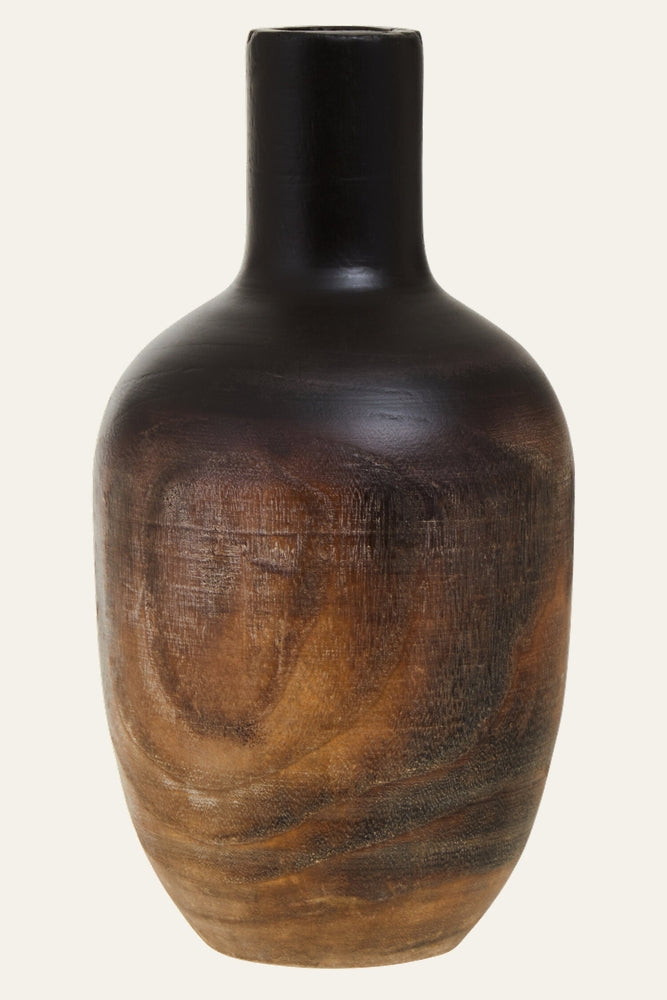 Yorven Ombre Wood Vase, rounded wooden vase with narrow neck, dark brown ombre top fading to warm natural wood grain with matte finish